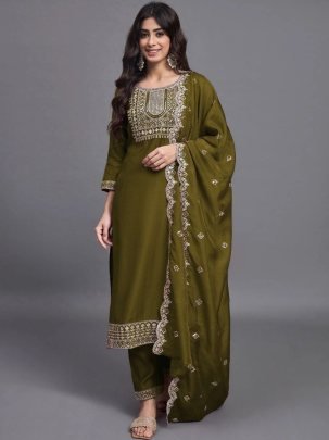 Olive Cotton Kurta Pant with Chinnon Dupatta Set