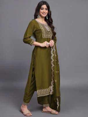 Olive Cotton Kurta Pant with Chinnon Dupatta Set