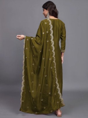 Olive Cotton Kurta Pant with Chinnon Dupatta Set