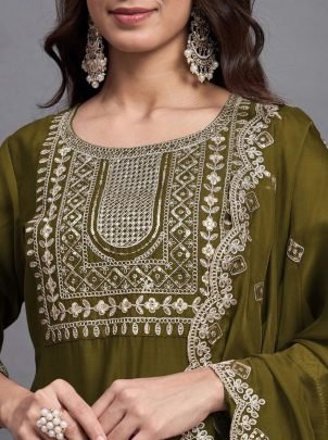Olive Cotton Kurta Pant with Chinnon Dupatta Set