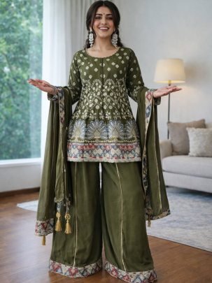 Olive Green Colour  Embroidery Work Palazzo Suit