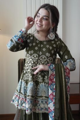 Olive Green Colour  Embroidery Work Palazzo Suit