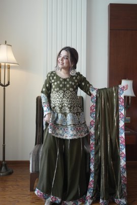 Olive Green Colour  Embroidery Work Palazzo Suit