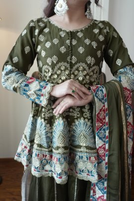 Olive Green Colour  Embroidery Work Palazzo Suit