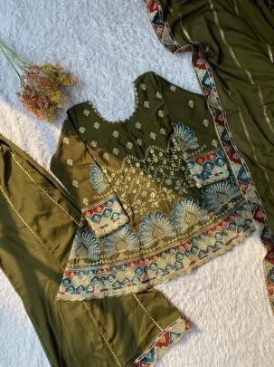 Olive Green Colour  Embroidery Work Palazzo Suit