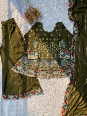 Olive Green Colour  Embroidery Work Palazzo Suit