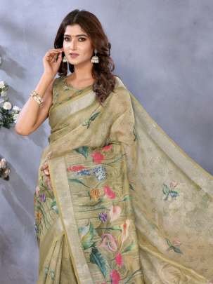 Olive Green Floral Printed Linen Saree With Matching Designer Blouse