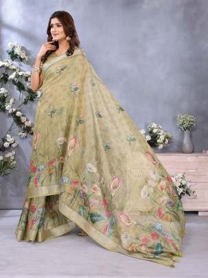 Olive Green Floral Printed Linen Saree With Matching Designer Blouse