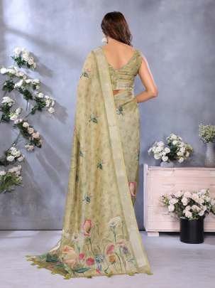 Olive Green Floral Printed Linen Saree With Matching Designer Blouse