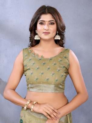 Olive Green Floral Printed Linen Saree With Matching Designer Blouse