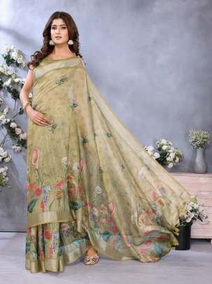 Olive Green Floral Printed Linen Saree With Matching Designer Blouse