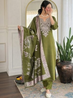 Olive Green Heritage Embroidered Cotton Suit Set