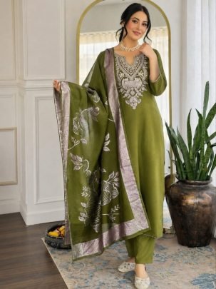 Olive Green Heritage Embroidered Cotton Suit Set