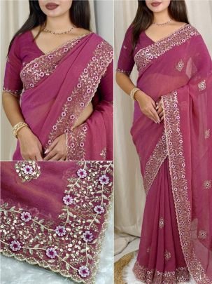 Onion Pink Colour  Embroidery  Work  Saree