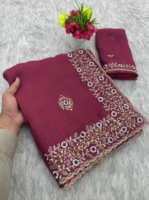 Onion Pink Colour  Embroidery  Work  Saree