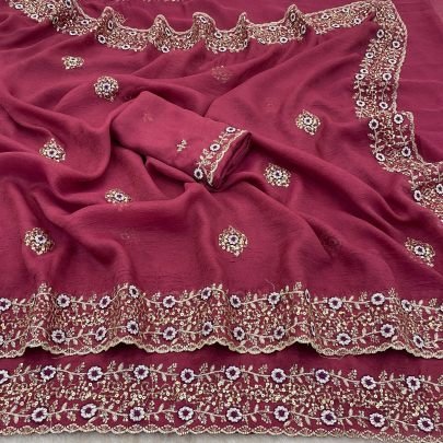 Onion Pink Colour  Embroidery  Work  Saree