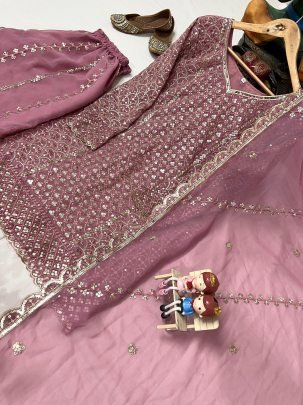 Onion Pink Zari Sparkle and zari Embroidery work