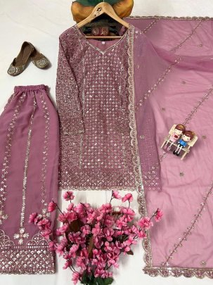 Onion Pink Zari Sparkle and zari Embroidery work