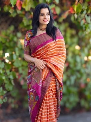 Orange Color Linen Fabric  Digital Printed Saree 