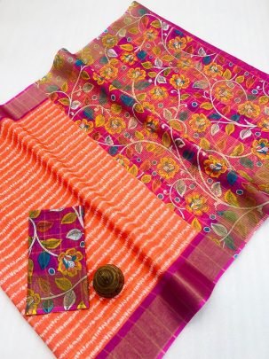 Orange Color Linen Fabric  Digital Printed Saree