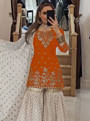 Orange Fox Georgette Fabric Sharara Suit 