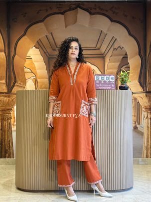 Orange Glam  Kurti Pant  Embroidery Set 