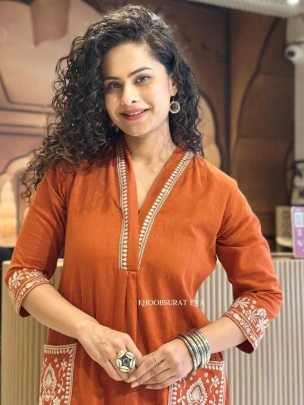 Orange Glam Kurti Pant Embroidery Set
