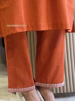 Orange Glam Kurti Pant Embroidery Set