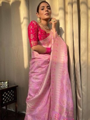 Organic Banarasi Lichi Silk Pink Saree With Printed Red Blouse