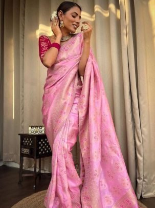 Organic Banarasi Lichi Silk Pink Saree With Printed Red Blouse