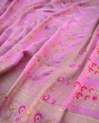 Organic Banarasi Lichi Silk Pink Saree With Printed Red Blouse