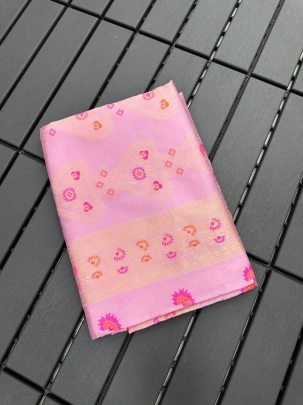 Organic Banarasi Lichi Silk Pink Saree With Printed Red Blouse