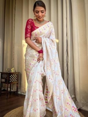 Organic Banarasi Lichi Silk White Saree With Printed Red Blouse