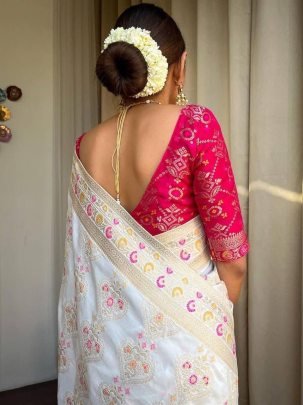 Organic Banarasi Lichi Silk White Saree With Printed Red Blouse