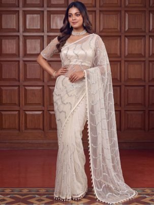 Original Beads Work White Colour Saree