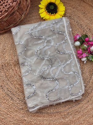 Original Beads Work White Colour Saree