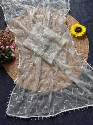 Original Beads Work White Colour Saree