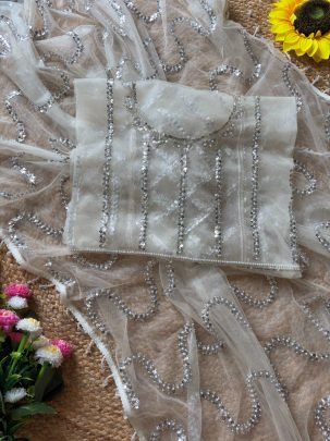 Original Beads Work White Colour Saree