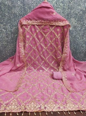 Original Georgette Pink Dress Material With Jari Work And Crape Bottom