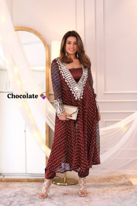 Original Mirror Lace  Work Brown Color Indowestern 