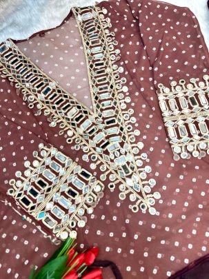 Original Mirror Lace  Work Brown Color Indowestern