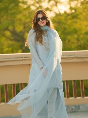 Party Wear Georgette Sky Blue Kurti With Farshi Pant And Dupatta