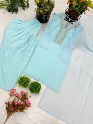 Party Wear Georgette Sky Blue Kurti With Farshi Pant And Dupatta