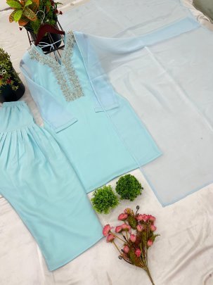 Party Wear Georgette Sky Blue Kurti With Farshi Pant And Dupatta
