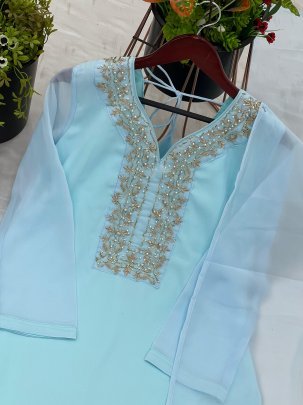Party Wear Georgette Sky Blue Kurti With Farshi Pant And Dupatta
