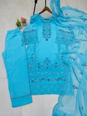 Party Wear Sky Blue Colour Suit