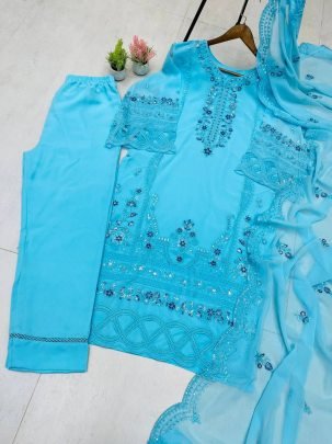 Party Wear Sky Blue Colour Suit