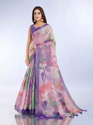 Pastel Floral Printed Silk Saare With Matching Designer Blouse