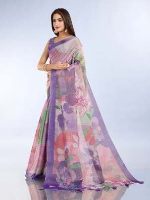 Pastel Floral Printed Silk Saare With Matching Designer Blouse