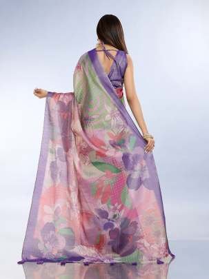 Pastel Floral Printed Silk Saare With Matching Designer Blouse
